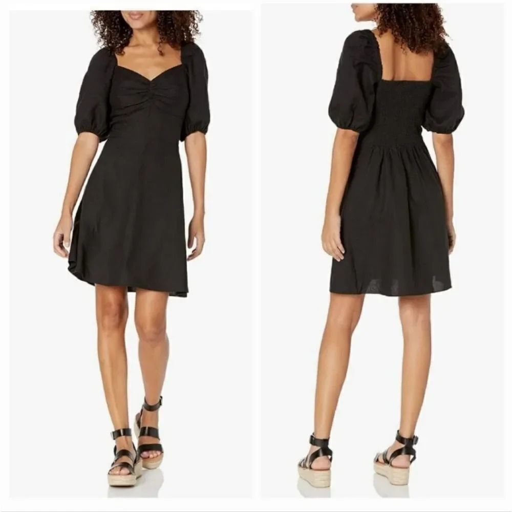 The Drop Nala Milkmaid Peasant Linen Puff Sleeve Mini Dress in Black Size Small